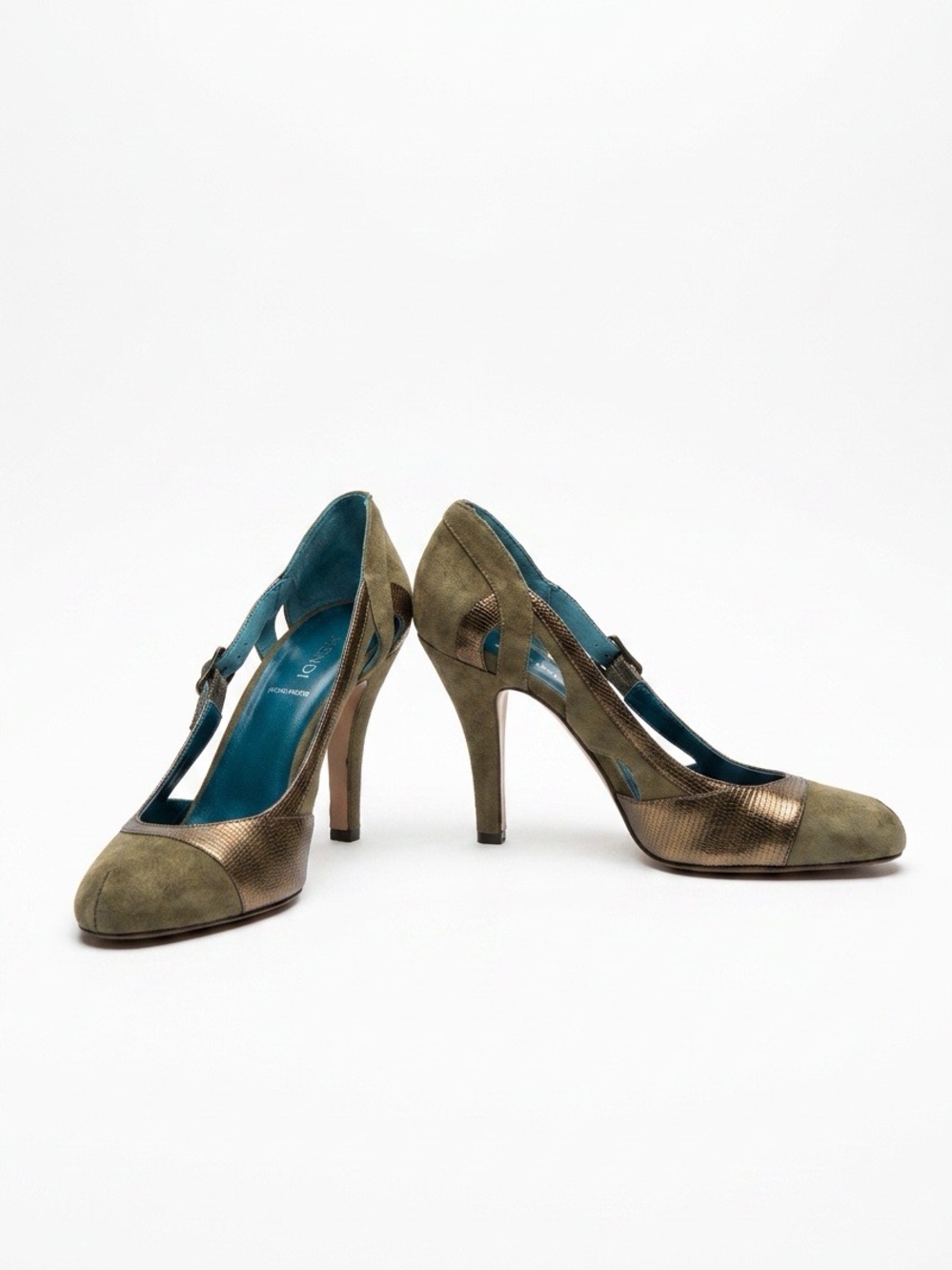 Fendi 2006 Olive Suede & Lizard Leather Cutout Heels - NWT Italy Size 39.5
